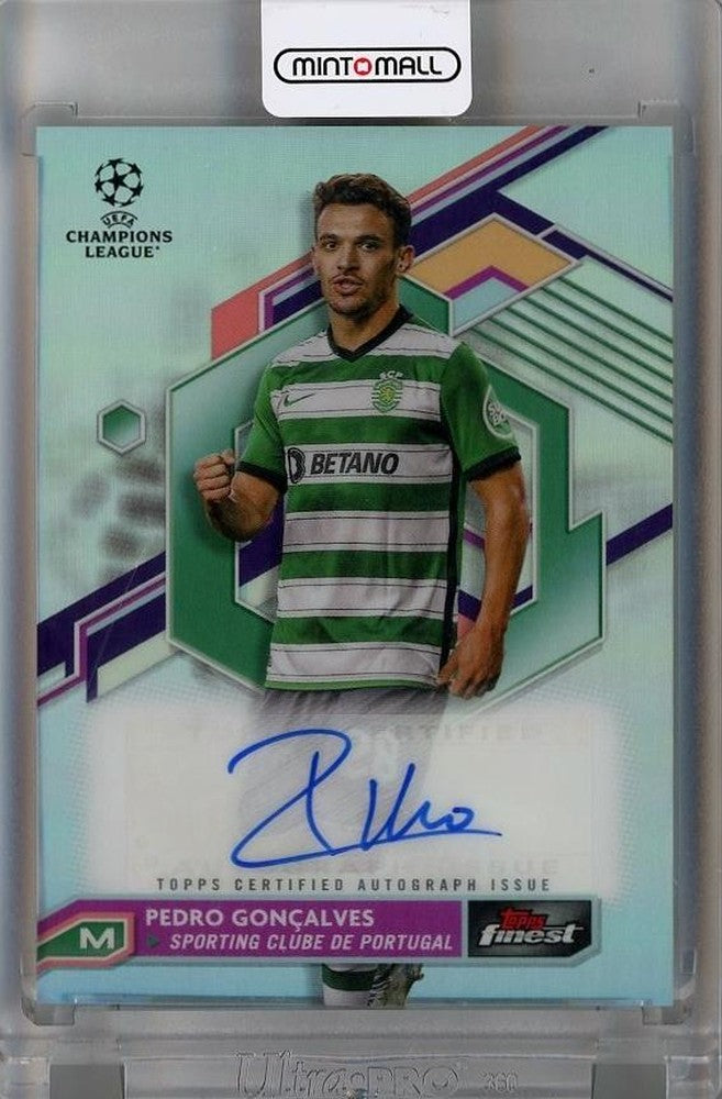 2022-23 Topps Finest UEFA Club Competitions Pedro Goncalves autograph card with minor stain on back