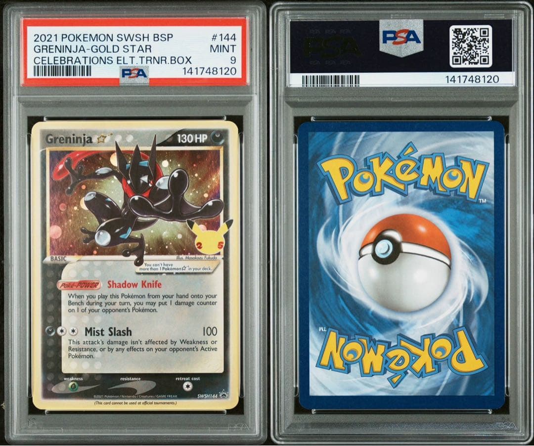 Pokemon Greninja trading card PSA 9 with 130 HP, Shadow Knife and Mist Slash move