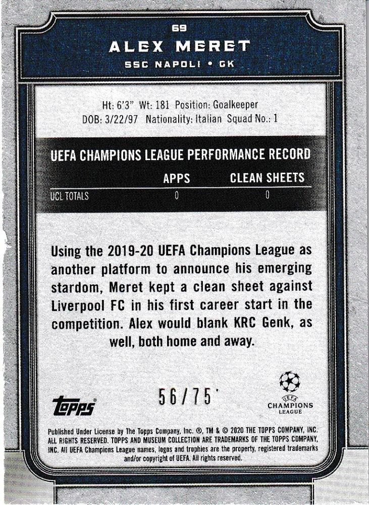 2019-20 Topps Museum Collection UEFA Champions League SSC Napoli Alex Meret Base Sapphire Parallel card 56 of 75 with minor stain
