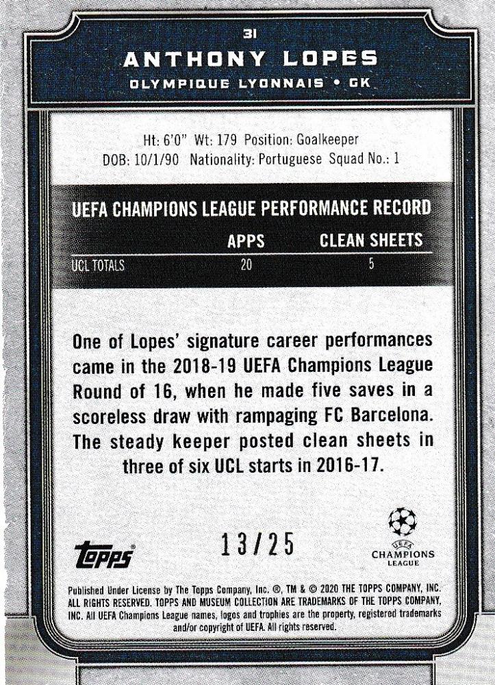 2019-20 Topps Museum Collection UEFA Champions League Anthony Lopes Ruby Parallel card 13/25