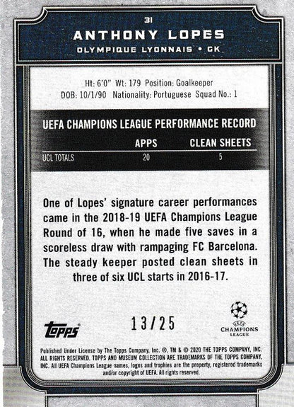 2019-20 Topps Museum Collection UEFA Champions League Anthony Lopes Ruby Parallel card 13/25