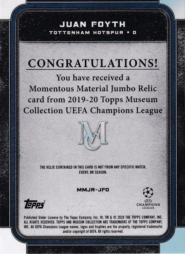 2019-20 Topps Museum Collection UEFA Champions League Tottenham Hotspur Juan Foyth jumbo relic gold parallel card numbered 40 of 50