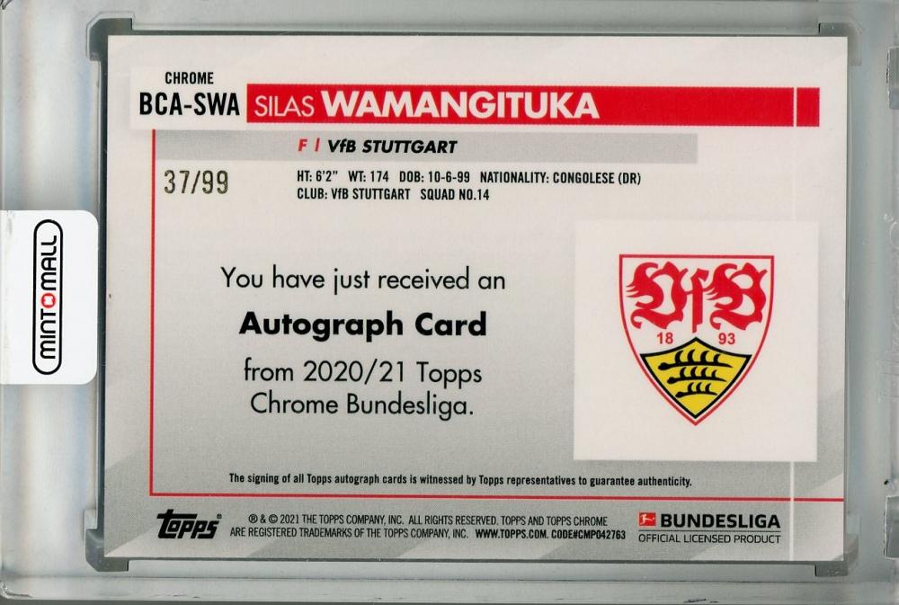 2020-21 Topps Chrome Bundesliga Silas Wamangituka VfB Stuttgart Green Parallel Autograph card numbered 37 of 99