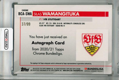 2020-21 Topps Chrome Bundesliga Silas Wamangituka VfB Stuttgart Green Parallel Autograph card numbered 37 of 99