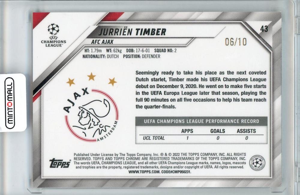 2022 TOPPS UEFA CHAMPIONS LEAGUE Jurrien Timber #4306/10 AFC AJAX