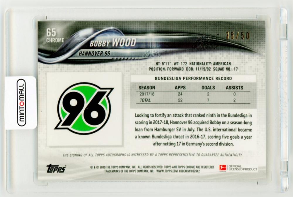 2018-19 TOPPS Chrome Bundesliga Autograph Gold Refractor card of Bobby Wood serial numbered 35/50 from Hannover 96
