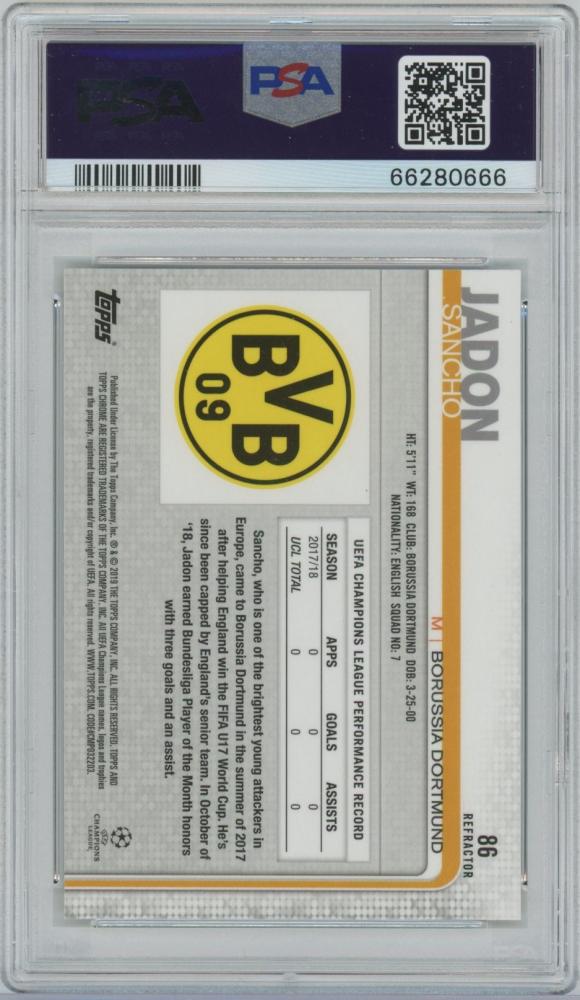 2018-19 TOPPS Chrome UEFA Champions League Refractor card #86 of Jadon Sancho from Borussia Dortmund graded PSA 10 Gem Mint