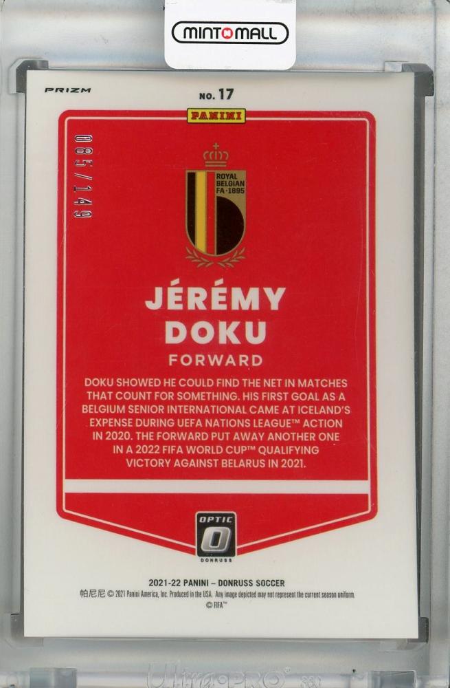 2021-22 Donruss Soccer Road to Qatar Belgium Jeremy Doku Base Optic Red card numbered 085/149 with minor stain