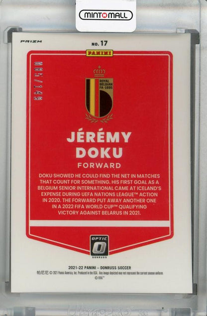 2021-22 Donruss Soccer Road to Qatar Belgium Jeremy Doku Base Optic Red card numbered 085/149 with minor stain