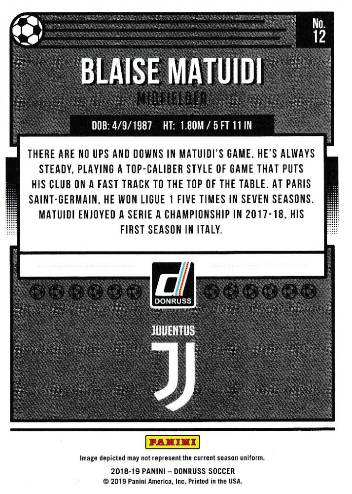 2018-19 Donruss Juventus Blaise Matuidi Base Blue Parallel soccer card numbered 4 of 5