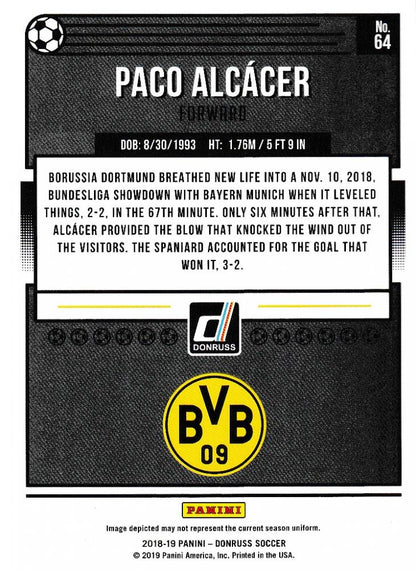 2018-19 Donruss Borussia Dortmund Paco Alcacer Base Blue Parallel trading card serial numbered 4 of 5