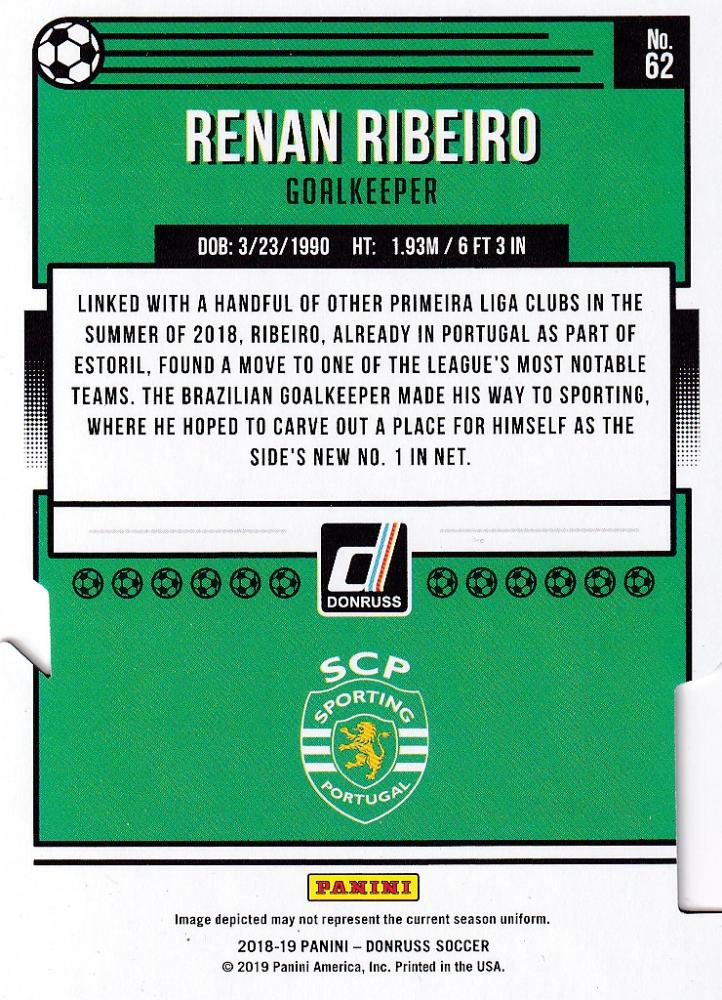 2018-19 Donruss Sporting CP Renan Ribeiro Base Gold Die-Cuts parallel trading card serial 02/10