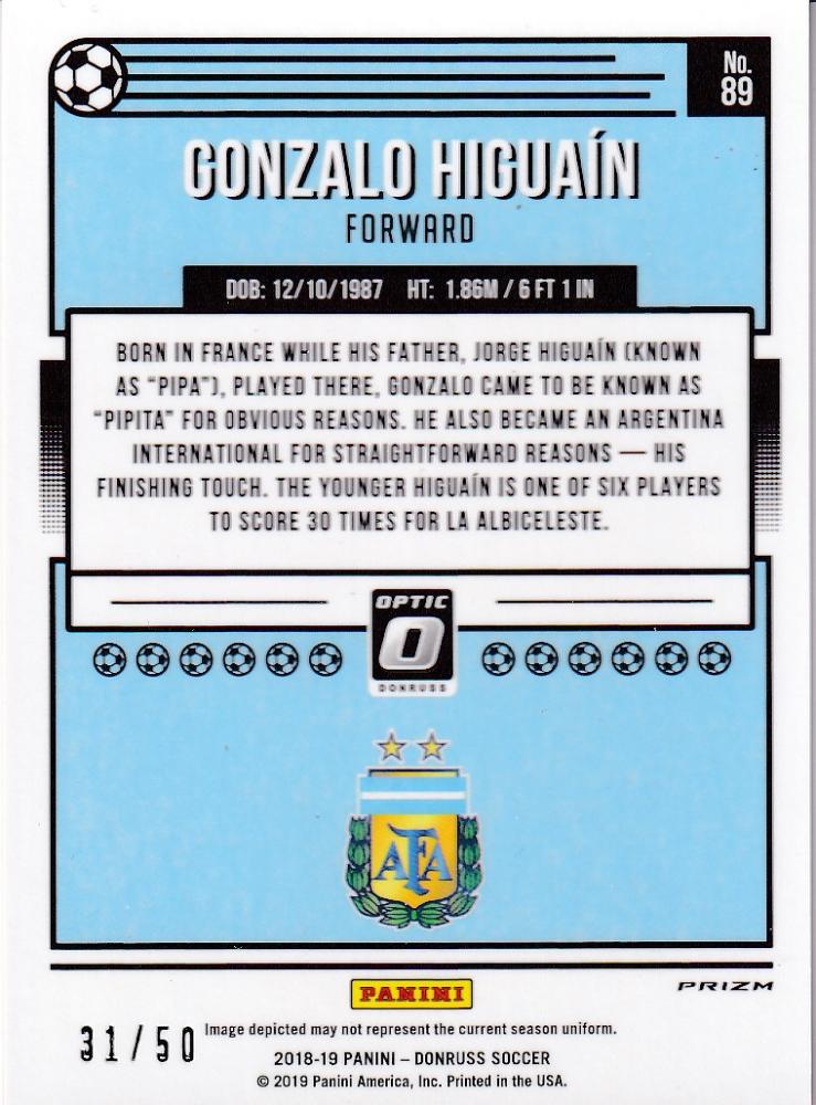 2018-19 Donruss Argentina Gonzalo Higuain Base Optic Red Velocity parallel card numbered 31 out of 50