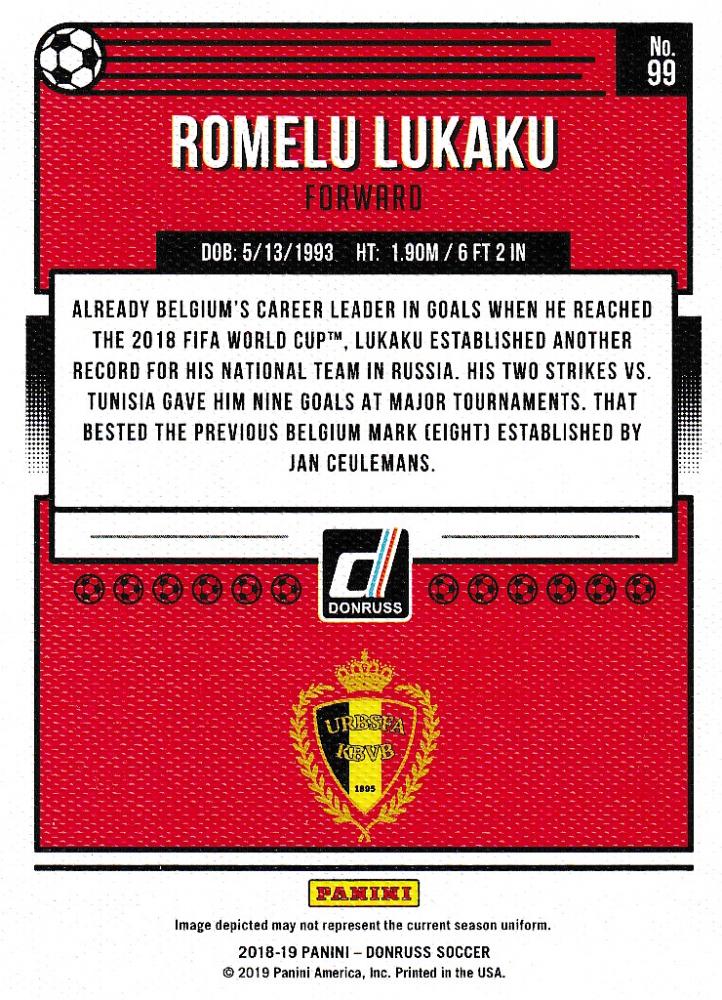 2018-19 Donruss Belgium Romelu Lukaku Base Canvas Parallel trading card numbered 08 out of 25 with minor stain on back