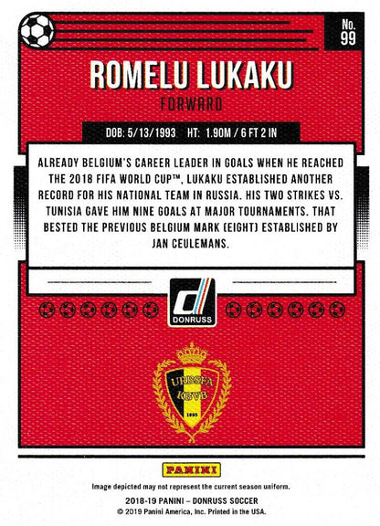 2018-19 Donruss Belgium Romelu Lukaku Base Canvas Parallel trading card numbered 08 out of 25 with minor stain on back