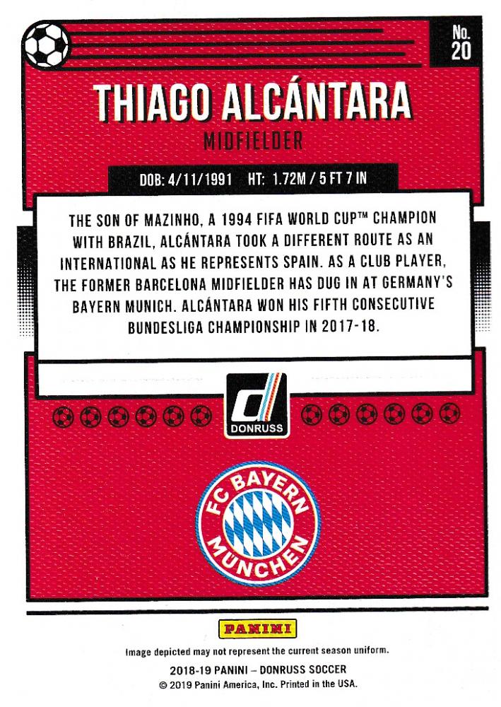 2018-19 Donruss FC Bayern Munich Thiago Alcantara Base Canvas Parallel trading card numbered 15/25