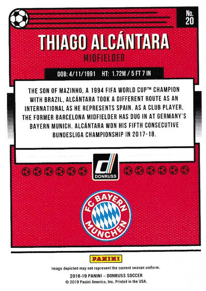 2018-19 Donruss FC Bayern Munich Thiago Alcantara Base Canvas Parallel trading card numbered 15/25
