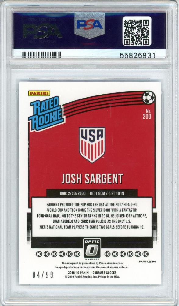 2018-19 PANINI Donruss Optic Josh Sargent Autographs Blue #200 RR04/99PSA9 Unaited States