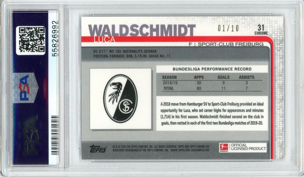 2019-20 TOPPS Chrome Bundesliga Luca Waldschmidt Red Refractors #311st No. 01/10 SC FreiburgPSA9