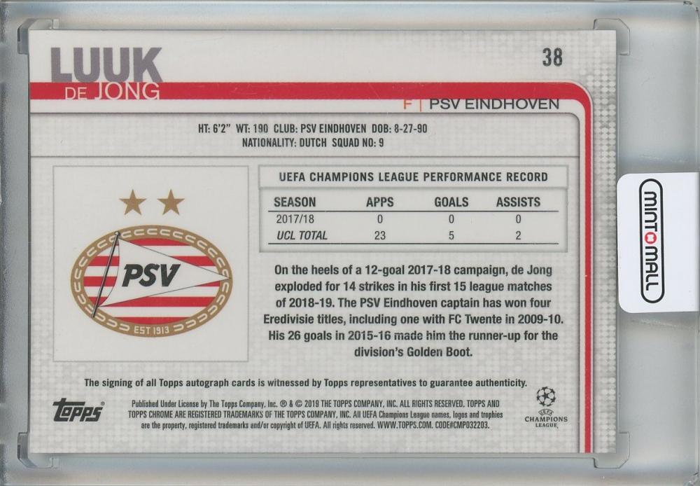 2019 Topps Chrome UCL Luuk De Jong Auto PSV Eindhoven