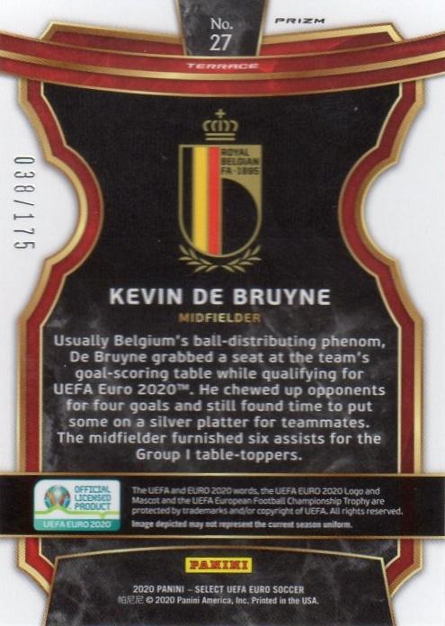 2020 Panini Select UEFA EURO Soccer Kevin De Bruyne PRIZM trading card number 27, serial 038 of 175