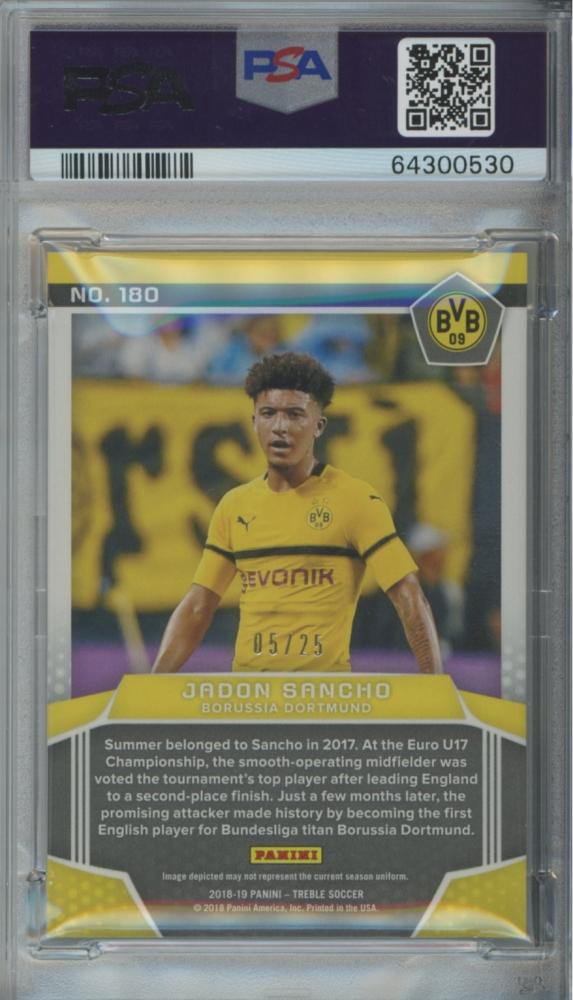 2018-19 Panini Treble Soccer Jadon Sancho Panini Premiere #180 Gold Parallels 05/25 PSA 9