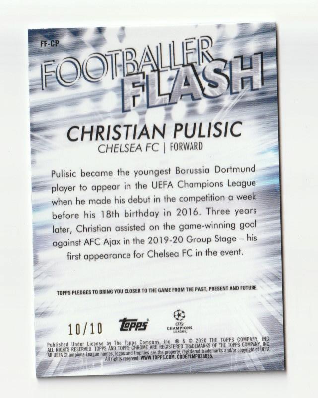 2019-20 TOPPS Chrome UEFA Champions League Red Parallel Christian Pulisic football trading card serial 10 of 10