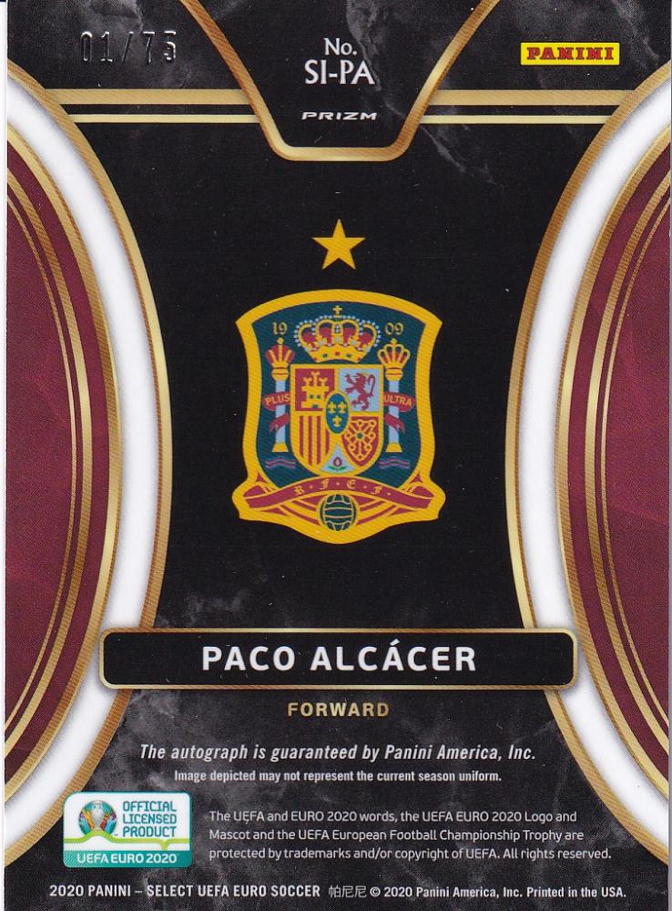 2020 Panini Select UEFA Euro Preview Spain Paco Alcacer purple Signatures card numbered 01 of 75