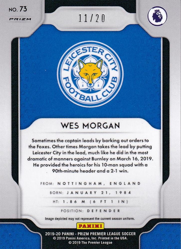 2019-20 Panini Prizm Premier League Leicester City Wes Morgan Base Breakaway Bronze Parallel Card 11 of 20 with minor stain on back