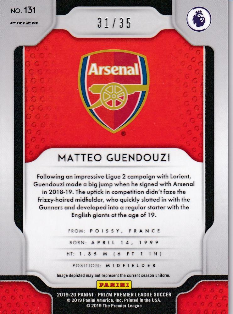 2019-20 Panini Prizm Premier League Arsenal Matteo Guendouzi Base Breakaway Teal Parallel card numbered 31 of 35