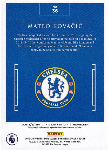 2019-20 Panini Impeccable Premier League Mateo Kovacic Chelsea FC Silver Parallel card numbered 22 of 35