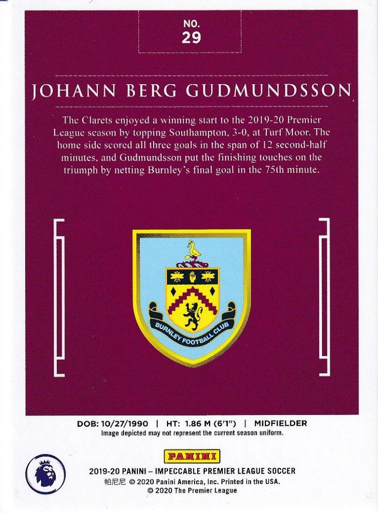 2019-20 Panini Impeccable Premier League Burnley Johann Berg Gudmundsson Silver parallel trading card 04 of 35
