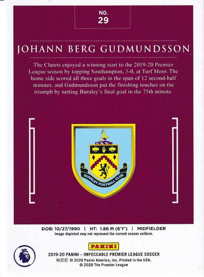 2019-20 Panini Impeccable Premier League Burnley Johann Berg Gudmundsson Silver parallel trading card 04 of 35