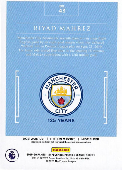2019-20 Panini Impeccable Premier League Manchester City Riyad Mahrez Base card numbered 54 of 65 with minor stain on back