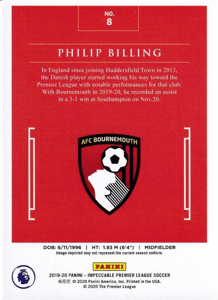 2019-20 Panini Impeccable Premier League AFC Bournemouth Philip Billing base card numbered 21/65