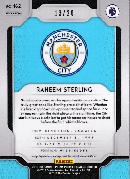 2019-20 Panini Prizm Premier League Raheem Sterling Manchester City Bronze Parallel trading card numbered 13 out of 20