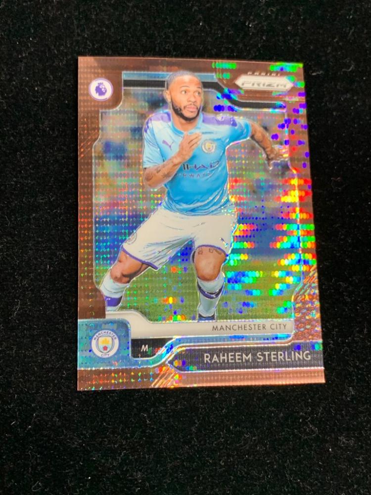 2019-20 Panini Prizm Premier League Raheem Sterling Manchester City Bronze Parallel trading card numbered 13 out of 20