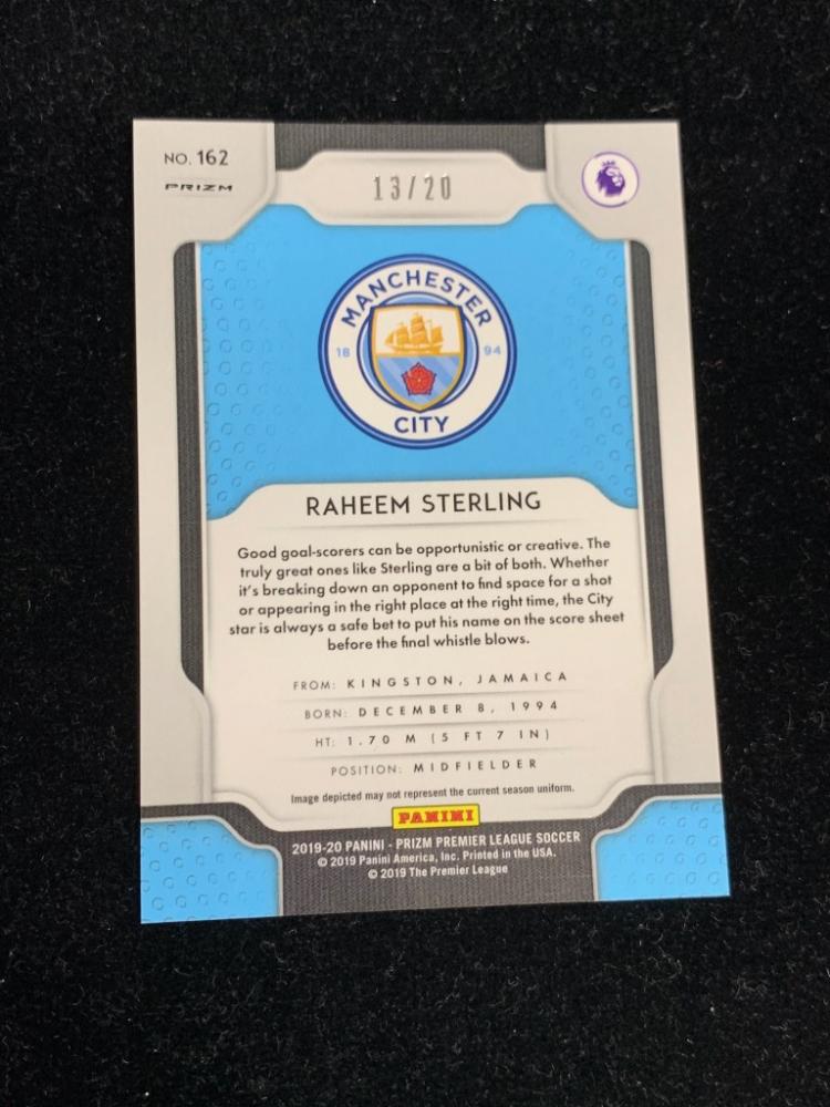 2019-20 Panini Prizm Premier League Raheem Sterling Manchester City Bronze Parallel trading card numbered 13 out of 20