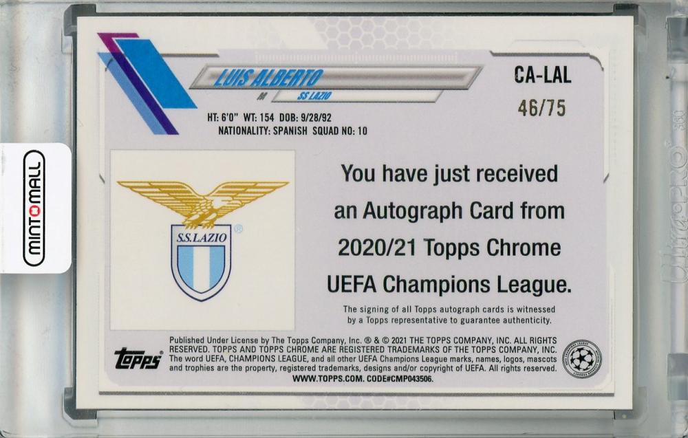 2020-21 Topps Chrome UEFA Champions League Luis Alberto SS Lazio Blue Wave Chrome Autographs card #46/75