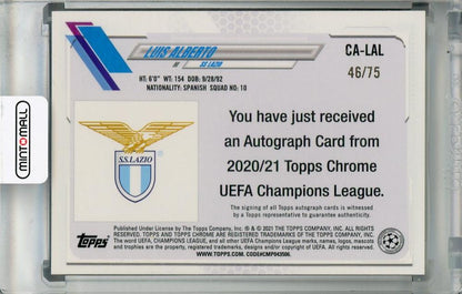 2020-21 Topps Chrome UEFA Champions League Luis Alberto SS Lazio Blue Wave Chrome Autographs card #46/75