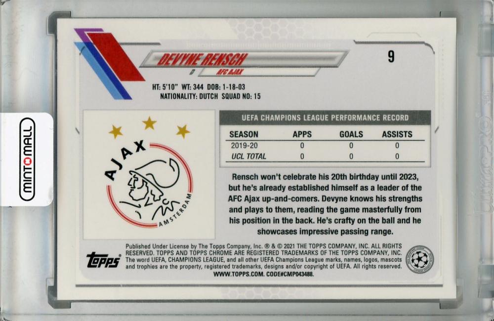 2020-21 Topps Chrome UEFA Champions League AFC Ajax Devyne Rensch Base Gold Bubbles parallel card