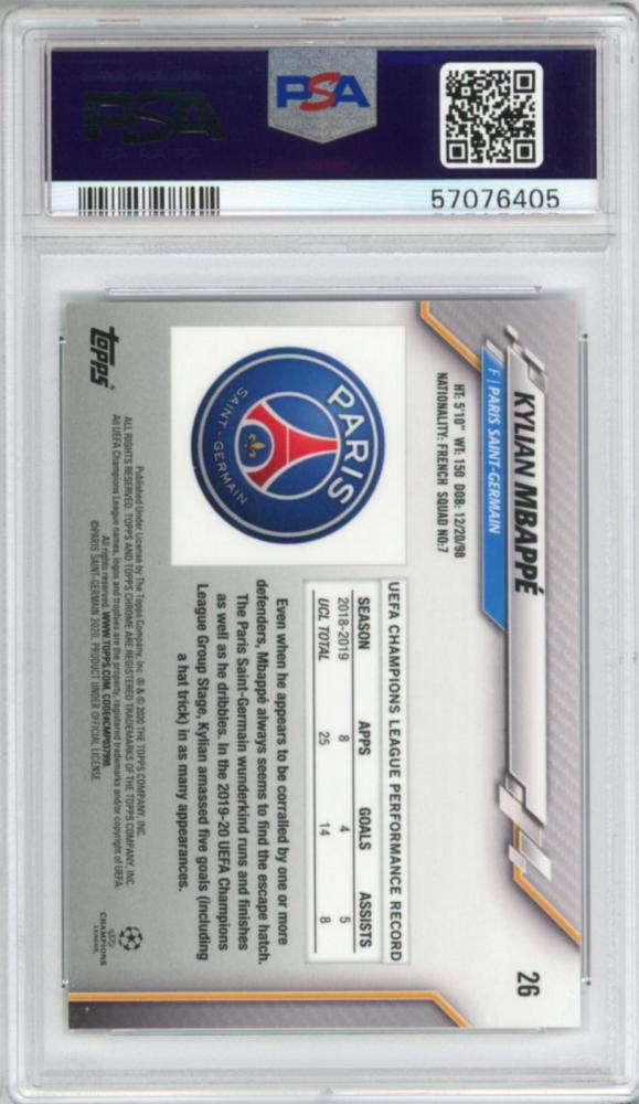 PSA10 graded 2019-20 Topps Chrome UEFA Champions League Kylian Mbappe Purple Carbon Fiber Refractor card #26