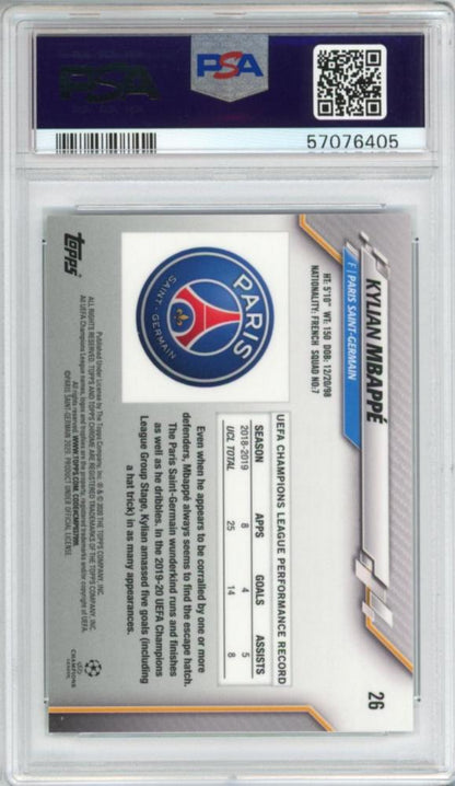 PSA10 graded 2019-20 Topps Chrome UEFA Champions League Kylian Mbappe Purple Carbon Fiber Refractor card #26