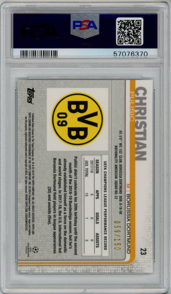 PSA9 graded 2018 Topps Chrome UEFA Champions League Christian Pulisic Blue Refractor #23 card numbered 59/150