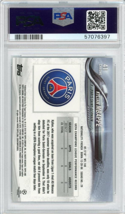 PSA9 graded 2017-18 Topps Chrome UEFA Champions League trading card featuring Kylian Mbappe #41