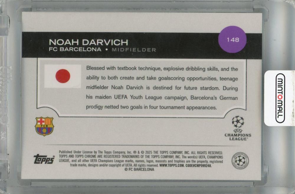 2024-25 Topps UEFA Japan Edition Noah Darvich Blue Mojo Refractor #148 RC03/75 FC Barcelona