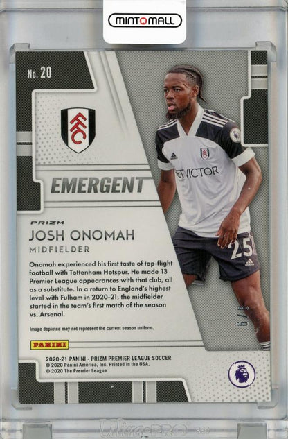 2020-21 PANINI Prizm Premier League Emergent Prizms Blue Shimmer Josh Onomah trading card number 20, serial 6 of 8