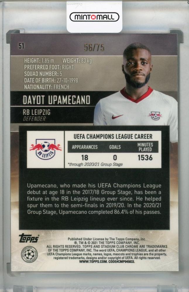 2020-21 Topps Stadium Club Chrome UEFA Champions League Dayot Upamecano RB Leipzig trading card green yellow parallel