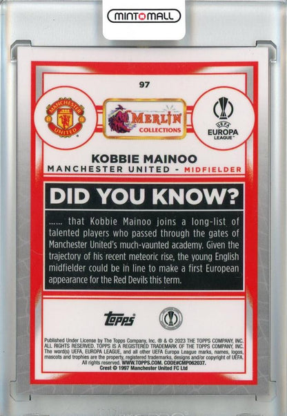 2022-23 Topps Merlin Chrome UEFA Club Competitions Soccer Kobbie Mainoo RC/Base/Orange Refractors/#9720/25 Manchester United