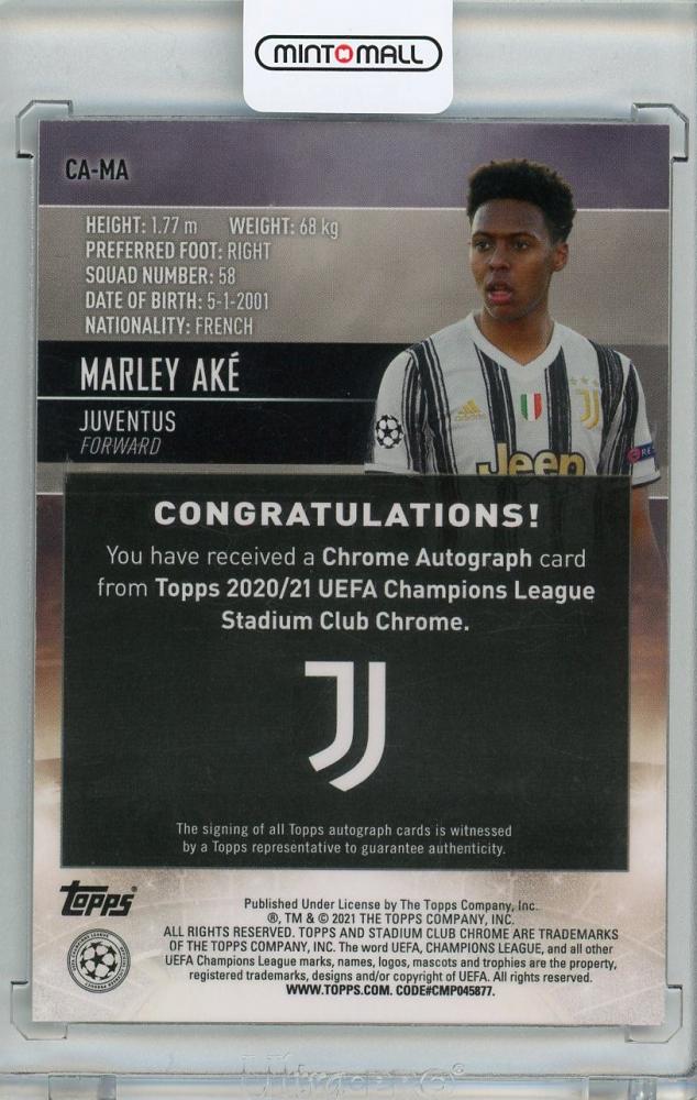 2020-21 Topps Stadium Club Chrome UEFA Champions League Juventus Marley Ake Chrome Autographs card